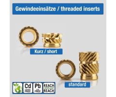 Threaded inserts made of brass alloy  M2x3,0 mm 10x